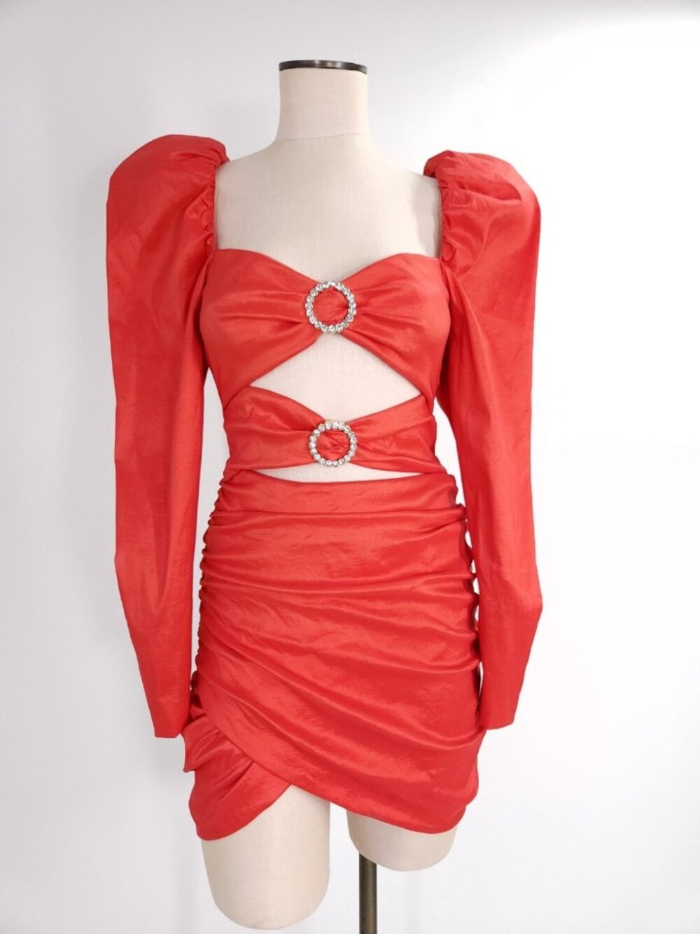 Revolve Lovers & Friends Cutout Mini Dress Small Red Taffeta Ruching Puff Sleeve